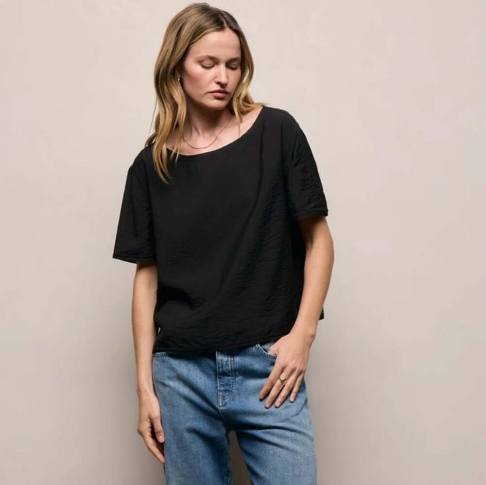 James Perse modal silk blend drop shoulder blouse black Medium quiet luxury